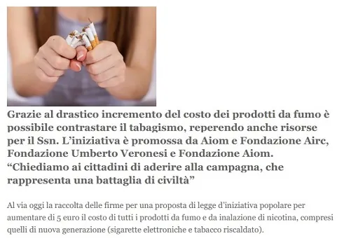 QUOTIDIANO SANITA’<br> Al via la campagna per aumentare di 5 euro il prezzo delle sigarette