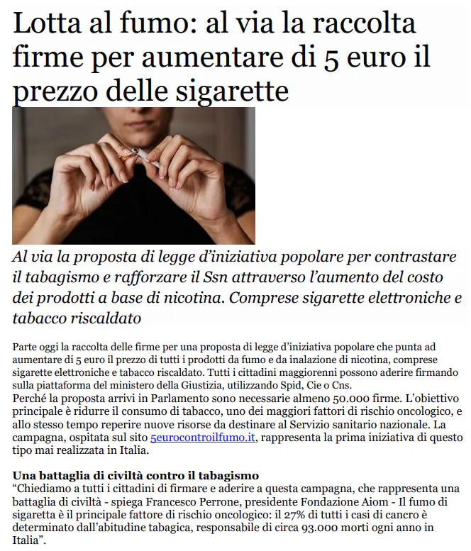 REPUBBLICA.IT<br>Lotta al fumo: al via la raccolta firme per aumentare di 5 euro il prezzo delle sigarette