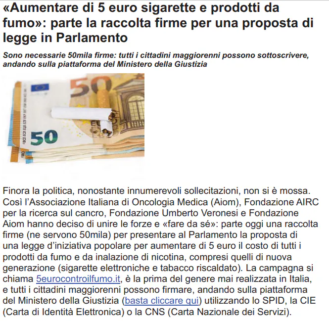 CORRIERE.IT<br>«Aumentare di 5 euro sigarette e prodotti da fumo»: parte la raccolta firme per una proposta di legge in Parlamento