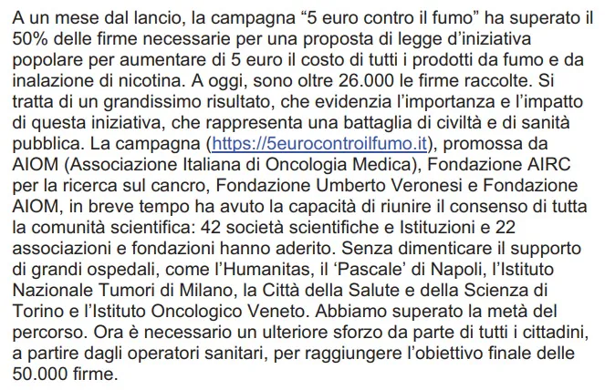 QUOTIDIANO SANITA’ – Aumentare di 5 euro il costo delle sigarette, dei prodotti da fumo e da inalazione di nicotina è una battaglia di civiltà