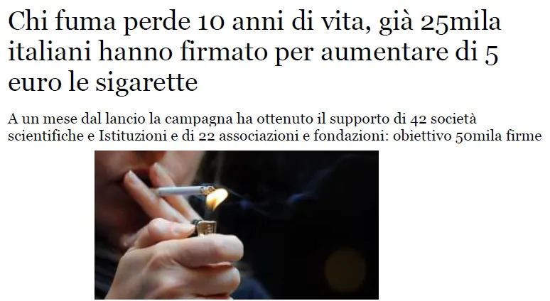 SOLE 24 ORE – Chi fuma perde 10 anni di vita, già 25mila italiani hanno firmato per aumentare di 5 euro le sigarette