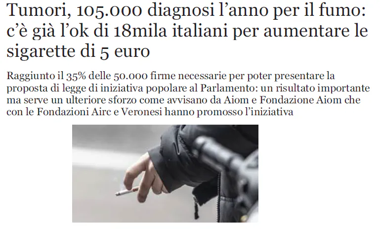 SOLE 24 ORE.COM – Tumori, 105.000 diagnosi l’anno per il fumo: c’è già l’ok di 18mila italiani per aumentare le sigarette di 5 euro