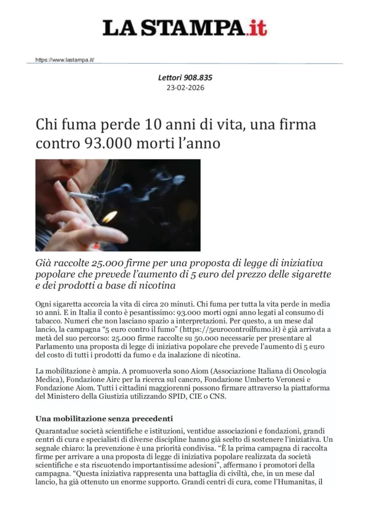 LA STAMPA.IT – Chi fuma perde 10 anni di vita, una firma contro 93.000 morti l’anno
