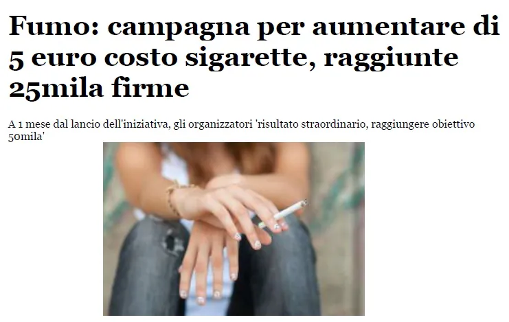 IL FATTO QUOTIDIANO – Fumo: campagna per aumentare di 5 euro costo sigarette, raggiunte 25mila firme