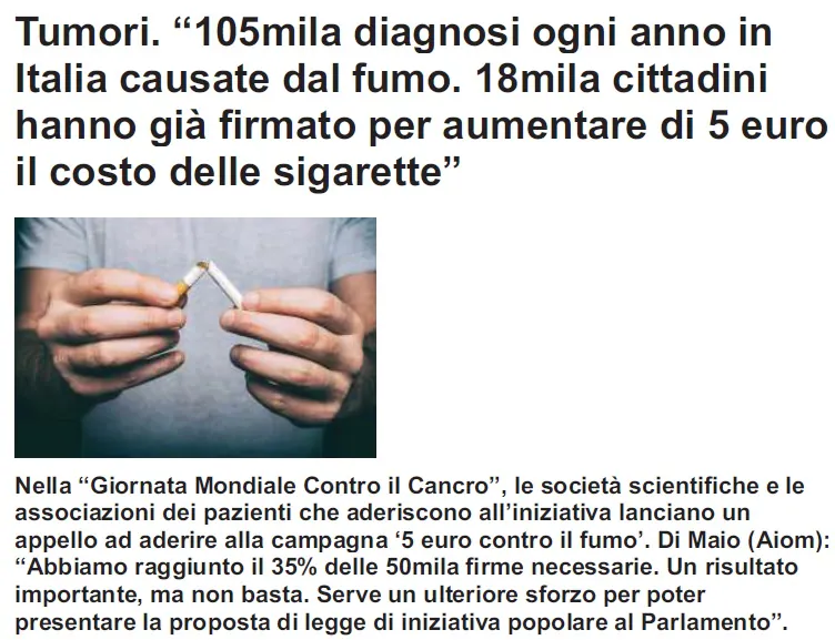 QUOTIDIANO SANITA’ – Tumori. “105mila diagnosi ogni anno in Italia causate dal fumo