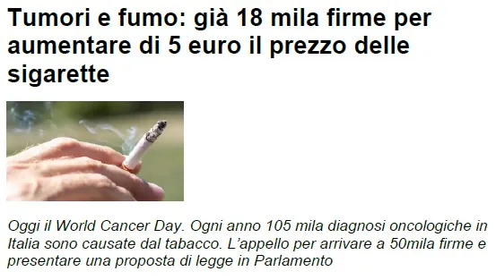 REPUBBLICA.IT – Tumori e fumo: già 18 mila firme per aumentare di 5 euro il prezzo delle sigarette